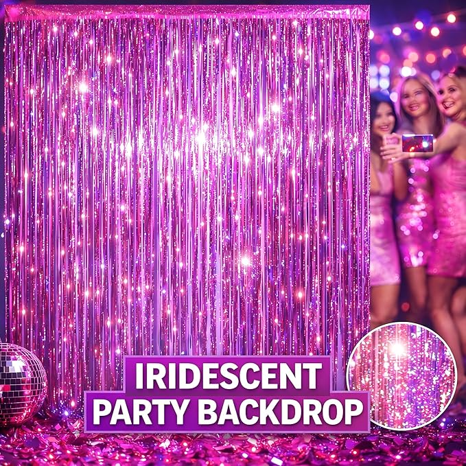 Easter Decorations for Home Melsan 3 Pack 3.2 x 8.2 ft Pinkish Purple Tinsel Fringe Curtain Backdrop, Sparkling Metallic Party Decorations for Girls Birthday, Bachelorette, Wedding, Photo Booth