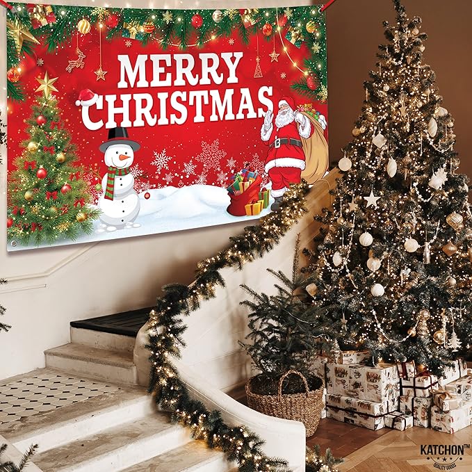 KatchOn, Merry Christmas Banner for Christmas Decorations - XtraLarge, 72x44 Inch | Xmas Backdrop for Holiday Party Decorations