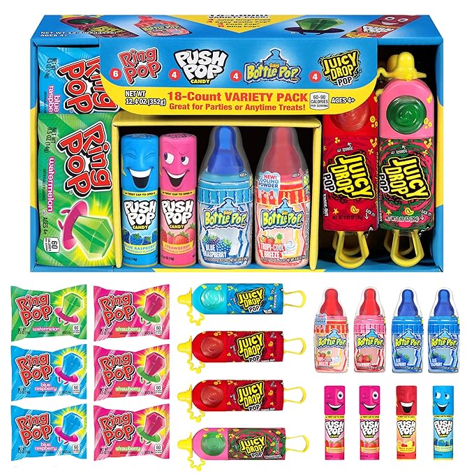 Bazooka Candy Brands Easter Candy Variety Pack, 18Ct Assorted Candy Lollipops, Bulk Individually Wrapped Ring Pop, Push Pop, & More, Birthday Party Favors, Easter Basket Stuffers, Egg Fillers, Gifts