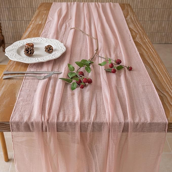 Keketoarrange Dusty Pink Easter Table Runner Cheesecloth Gauze Rustic 120 Inch 10 FT for Wedding Baby Shower Bridal Shower Birthday Engagement Garden Party Long Sheer Boho Spring Home Decorations
