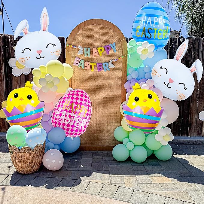 Easter Bunny Balloons Set Cute Rabbit, Chick & Happy Easter Egg Foil Balloons Spring Holiday Bunny Balloon for Kids Baby Shower Decor