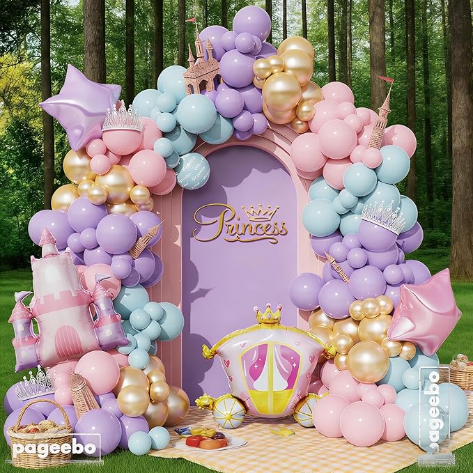 PageebO Princess Balloon Garland Arch, 154Pcs Pastel Blue Pink Purple Gold Balloons with Castle Carriage Star Foil Balloons for Girls Princess Rainbow Baby Shower Birthday Fairytales Party Decortion