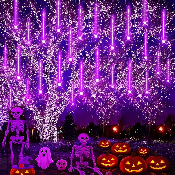 Christmas Decoration Outdoors - 32 Tubes Meteor Shower Lights, Waterproof Falling Rain Lights for Halloween Decor Xmas Tree Garden Yard Wedding Party, Purple