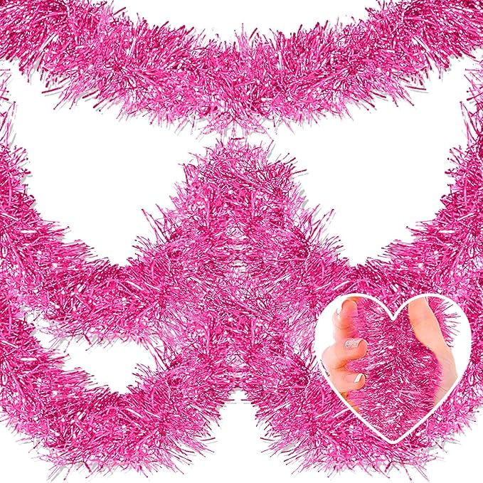 25 Feet Christmas Tinsel Garland, Metallic Twist Garland Wall Hanging Tinsel Garland Backdrop for Parade Floats, Carnival, Birthday, Wedding, New Year Party Decorations (Pink, 4in x 25ft)