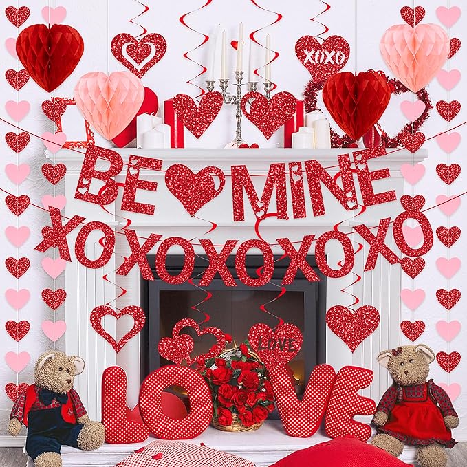 Pre-Strung Valentines Day Decorations, Red BE Mine XO Valentine's Banner,Heart Garlands & Hanging Swirls & Heart Honeycomb for Party Supplies, Valentines Decor Home Anniversary Wedding Bedroom