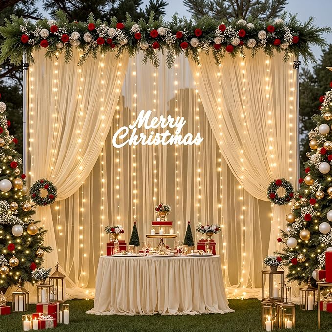 Champagne Backdrop Curtains with Lights String for Wedding Parties 10×10ft Sheer Tulle Backdrop Curtain for Bridal Shower Baby Shower Birthday Party Photo Shoot Decorations 2 Panels 5×10ft