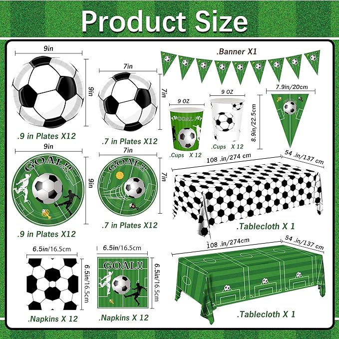 Soccer Birthday Party Decorations Tableware Set Soccer Party Supplies Soccer Theme Party Decorations Paper Plates Napkins Cup Tablecloth and Banner for Boys Girls Sports Theme, 24 Guests