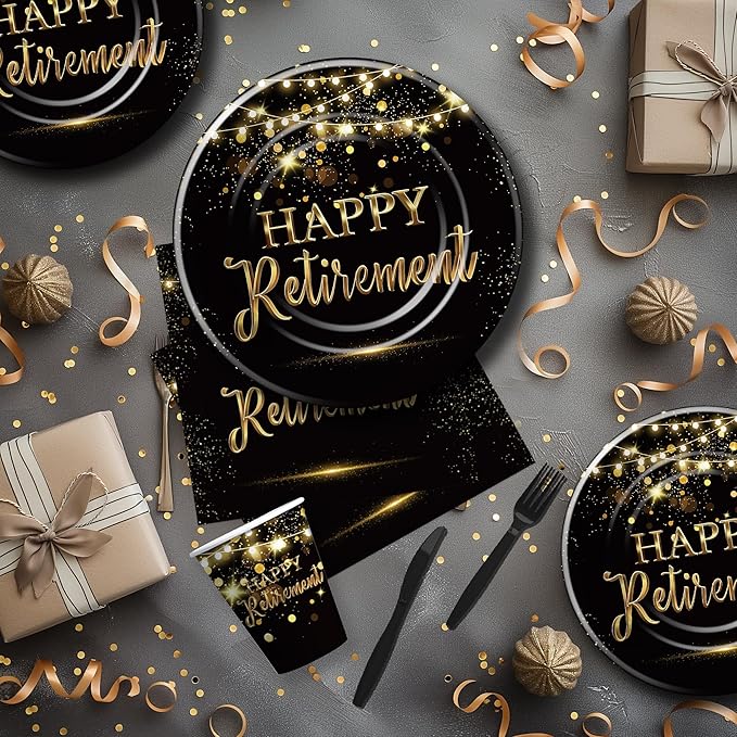 Retirement Decorations Party Supplies, Gold Black Happy Retirement Party Decorations Tableware For Men Women, Paper Plate, Napkin, Cup, Cutlery, Tablecloth, 24 Guests