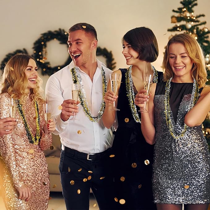 24PCS New Years Necklace Decorations, Bead Necklaces Party Supplies 2026, HAPPY NEW YEAR Star Necklaces Bulk Accessories, Black Gold Silver Bead Necklace 2026 Decorations