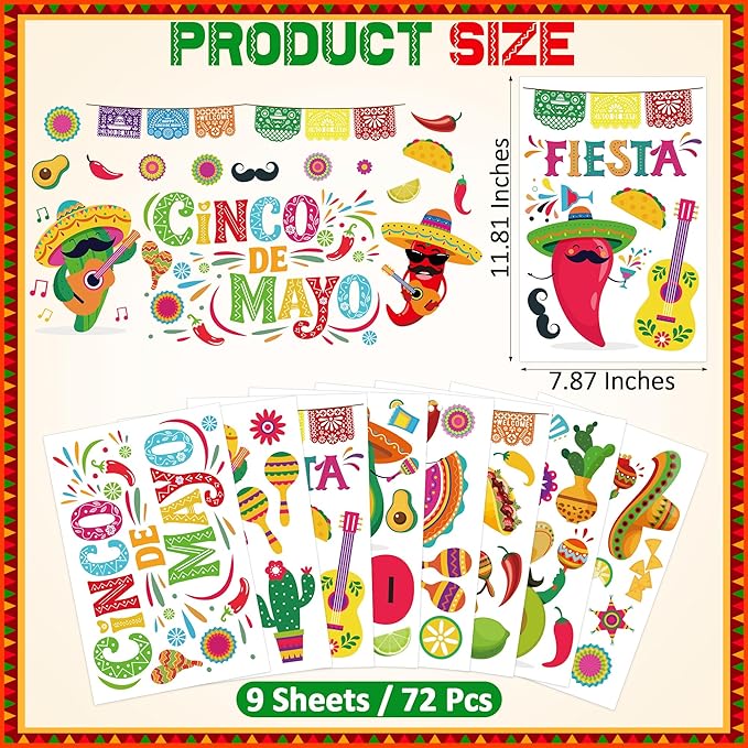 72 PCS Cinco De Mayo Decorations, 9 Sheets Cinco De Mayo Window Clings, Double-Sided Mexican Stickers with Tacos Guitars Cactus Peppers Designs, Fiesta Party Decor for Window Glass Home Store