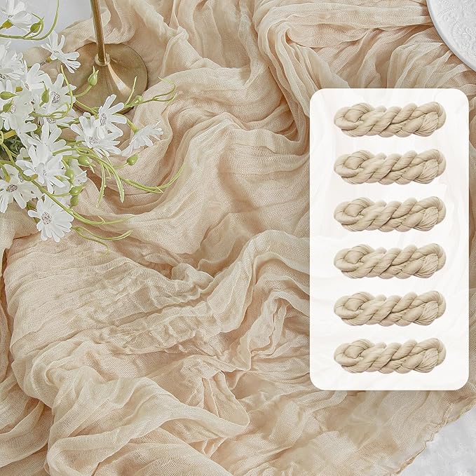 FEXIA 6 Pack Beige Gauze Table Runner 35x120 Inches for Centerpiece Table Decorations Ivory Cheesecloth Rustic Boho Table Runner for Bridal Shower Wedding Party First Communion Centerpiece Engagement