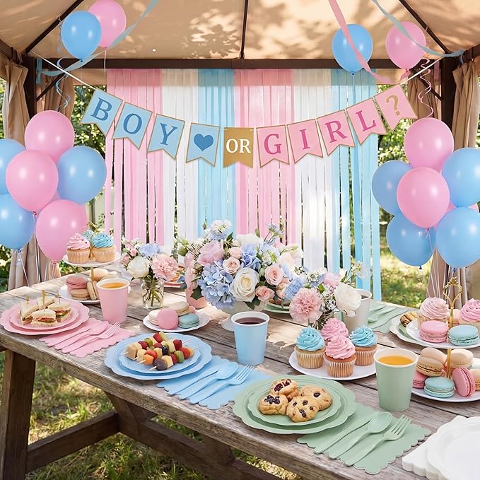 Qinyoung 388 Pcs Pastel Rainbow Plates and Napkins Party Supplies Tableware Include Disposable Scalloped Plate Paper Napkin Cup Plastic Cutlery for Baby Shower Gender Reveal Birthday Party, 48 Sets