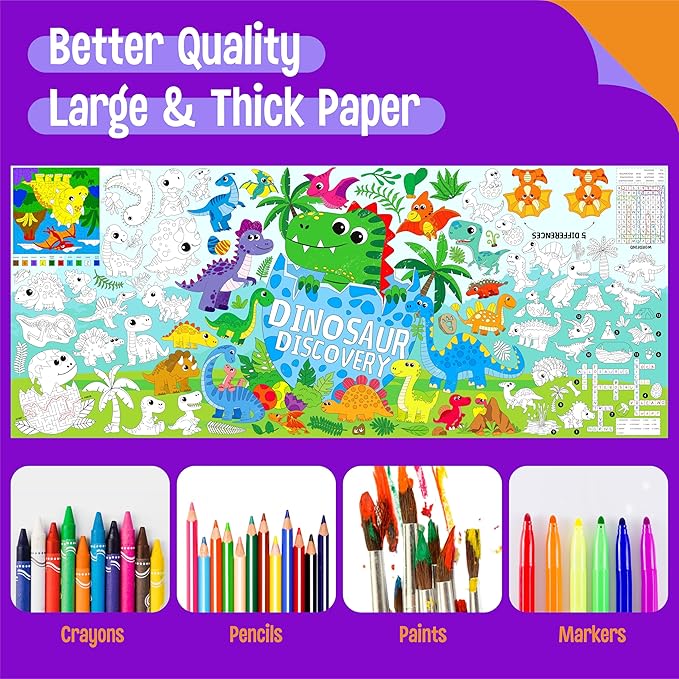 Dinosaur Coloring Poster, Large Coloring Activity Paper 75” x 31” Jumbo Size Giant Party Paper DIY Painting Drawing Banner/Tablecloth for School, Wall Decor