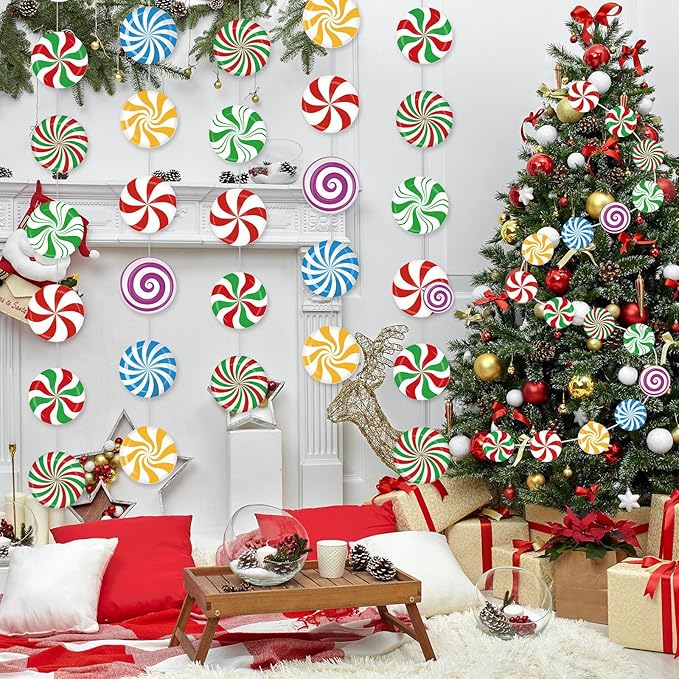 Faccito 8 Pcs Christmas Peppermint Candy Hanging Decorations Christmas Ceiling Decorations Paper Garland for Xmas Party Winter Holiday Birthday Decor(Mixed Candy)