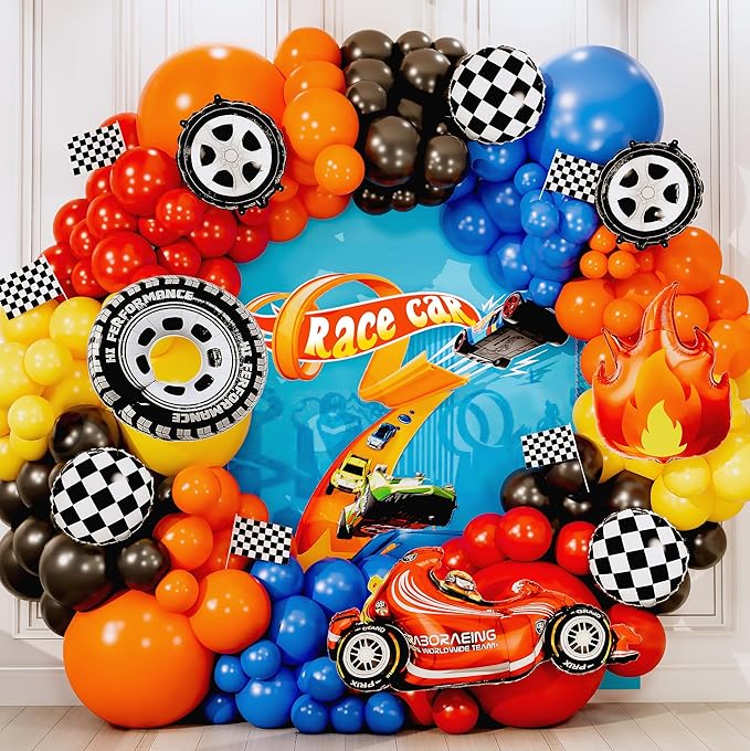 ALL-IN-1 Race Car Balloon Arch Kit with BONUS Flame & Race Car for Hot Wheels Birthday Decorations - Monster Truck Balloons for Hot Wheels Party Decorations - Hot Wheels Balloons, Monster Truck Party