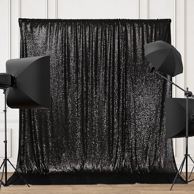 PartyDelight Black Sequin Backdrop 8x8ft - High Density 3mm Shimmer Sequin Background with 4-Inch Rod Pocket, Sparkly Photography Curtain for Wedding, Gala, Studio & Large Event Decoration