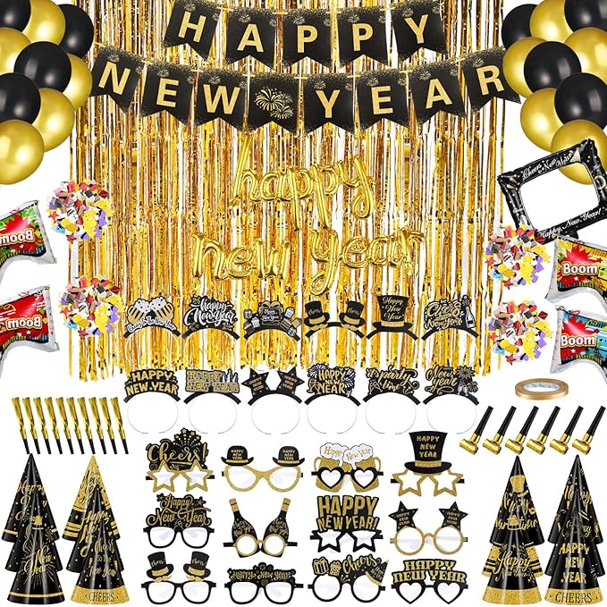136 Pcs New Years Eve Party Supplies Kit New Year's Eve Party Supply Include Hats Glasses Headbands Blowouts Balloons Inflatable Fireworks Gun Banner for 2026 Holiday Celebration Decor