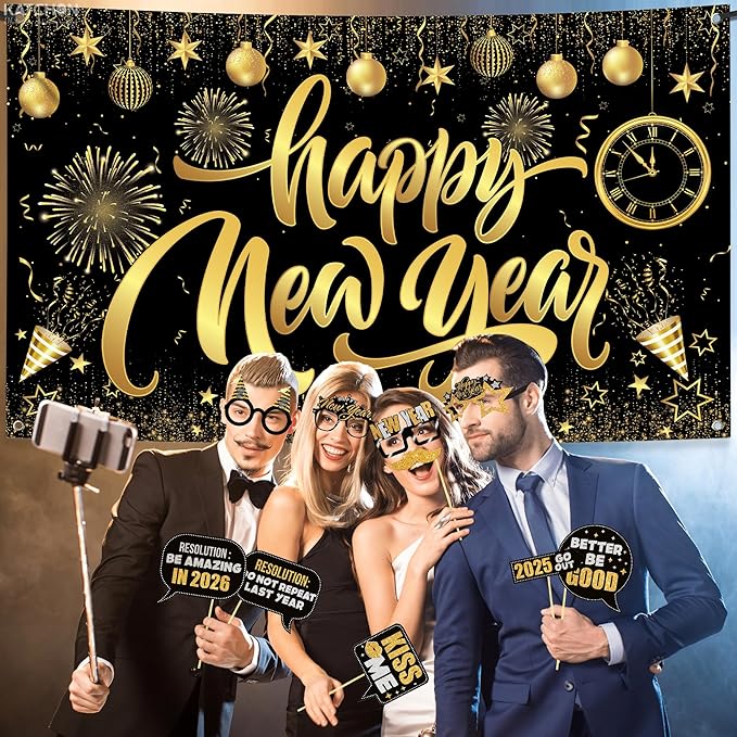 KatchOn, New Years Eve Party Supplies 2026 Set - Pack of 48 | Black and Gold Happy New Year Banner, New Year Photo Booth Props | 2026 Glasses for New Years Decorations | NYE Eve Decorations