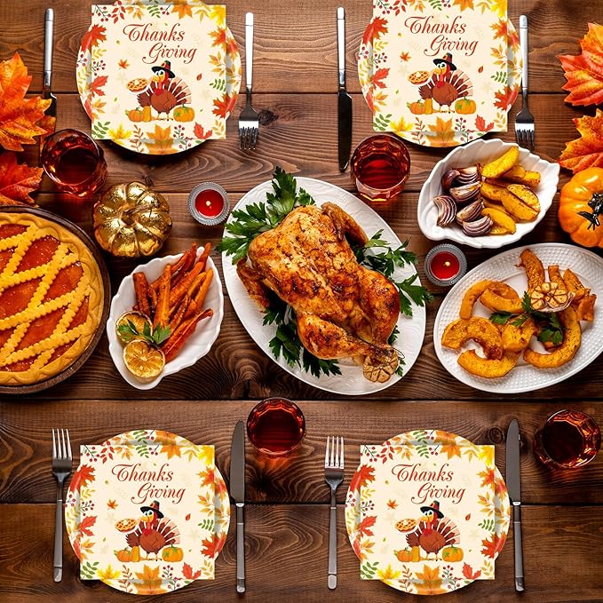 40Pcs Thanksgiving Paper Plates and Napkins Party Supplies, Disposable Fall Turkey Plates Napkins Dinnerware Set for Autumn Theme Friendsgiving Party Decorations