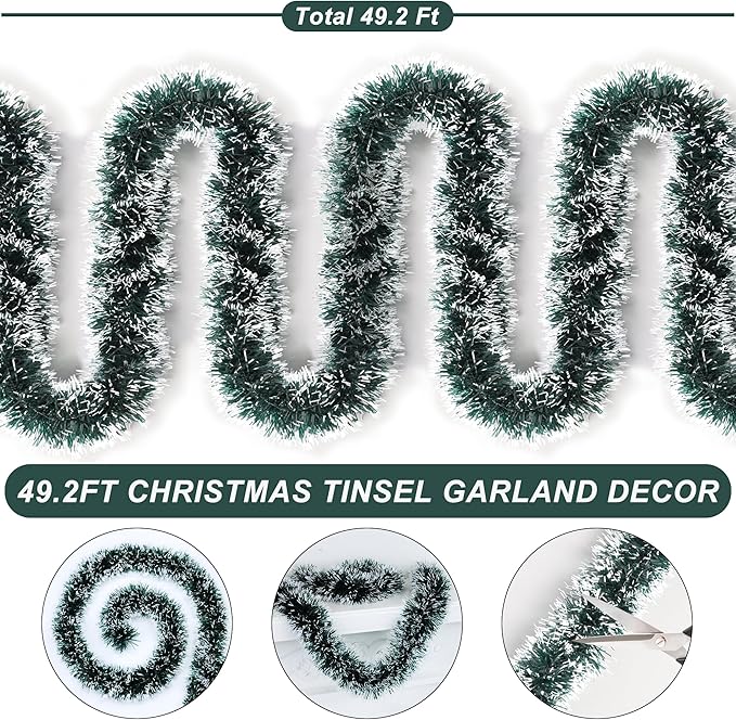 50 Feet Green Christmas Tinsel Garland Metallic Twist Shiny Hanging Garland for Christmas Tree Decorations Xmas Holiday Decor for Home Indoor Outdoor Party Supplies (Green)