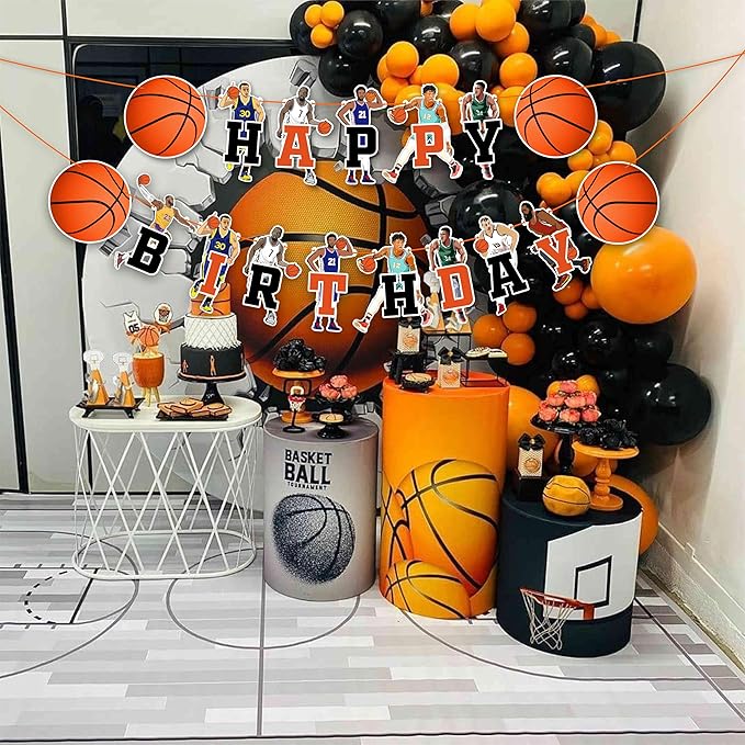 "Basketball Happy Birthday Banner – Sports Themed Party Decorations for Adults – Slam Dunk Basketball Birthday Party Supplies – Backdrop for Dessert Table, Cake Smash, High Chair, and Team Celebrations"