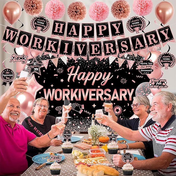 DARUNAXY Happy Workiversary Party Decorations for Women, Rose Gold Happy Work Anniversary Banner Cake Topper Hanging Swirl Confetti Balloons Decor Set for Pink Employee Office Party Supplies for Girls