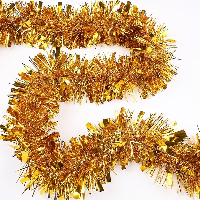 33FT Christmas Tinsel Garland,Gold Shiny Metallic Foil Decorations for Parade Floats, Halloween, Christmas Tree, New Year Parties,Birthday Party,Indoor and Outdoor Disco Party Supplies