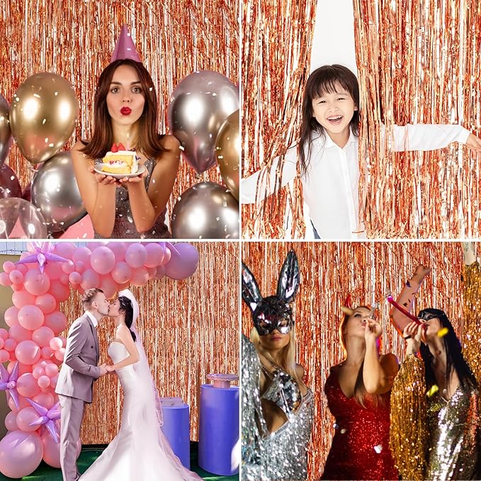 Rose Gold Birthday Party Decorations Foil Fringe Backdrop Curtain 2 Pack 3.3x8.2 Ft, Rose Gold Streamers Happy Birthday Banner Backdrop Arch Decor for Sweet 16 Women Girl Baby Shower Bridal Shower