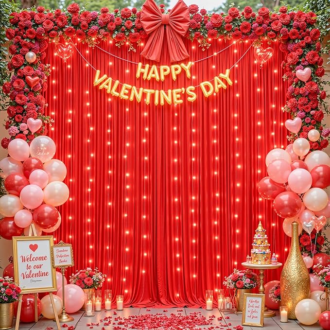 20 x 10 ft Red Backdrop Curtains with Lights String for Wedding Polyester Photo Backdrop Drapes Wrinkle Free Red Long Curtains for Birthday Parties Reception Baby Shower Ceremony-10 x 5ft x 4 Panels