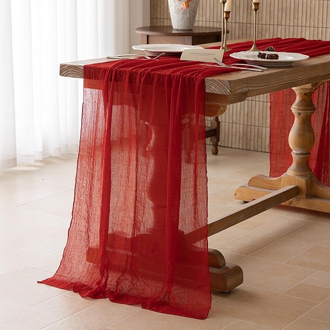 Keketoarrange 3pcs Red Cheesecloth Table Runner Cheese Cloth Rustic Gauze Table Runner 120 Inch 10 FT for Wedding Baby Bridal Shower Sheer Boho Holiday Spring Home Decorations