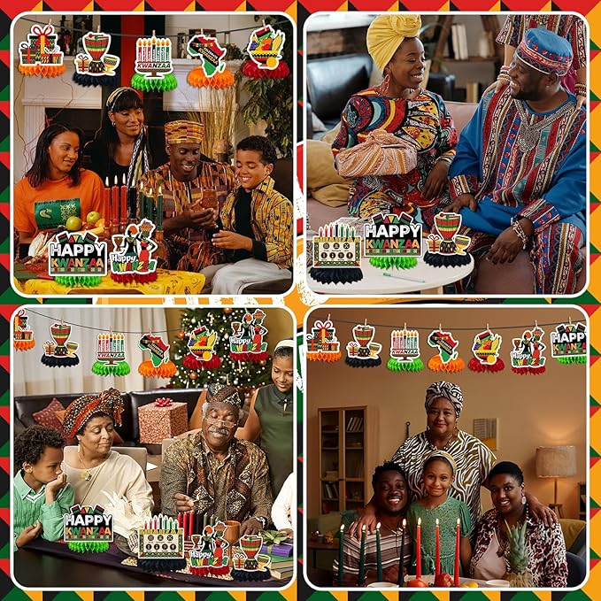 JULMELON 8PCS Kwanzaa Table Decorations Honeycomb Centerpiece, Kwanzaa Decor Traditional African Drum Candlestick Table Toppers Happy Kwanzaa Decorations for Office Home Party Favors Supplies