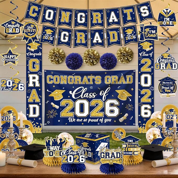 Navy Blue and Gold Graduation Decorations 2026 Set, All-in-1 Kit with Congrats Grad Banner Class of 2026 Backdrop Porch Sign Balloons Centerpieces Card Box Pom Poms Streamers for College High School