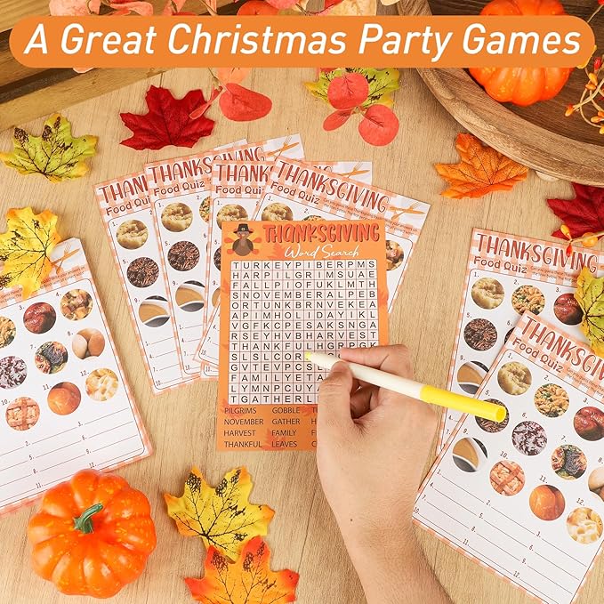 COCHIE 30 Players Thanksgiving Games for Family Party Adults Office Large Groups, Word Search Games, Food Quiz Game, Fall Classroom Activities with Answer Key (Thanksgiving B)
