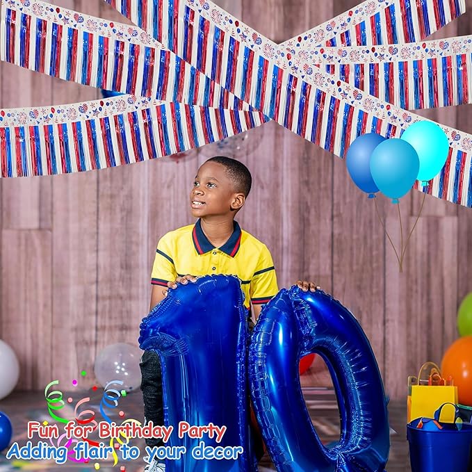 4 Pack 39Ft 4th of July Parade Floats for Trailer Car, Flag Stripes and Stars Patriotic Foil Fringe Garland Tinsel Streamers Banner Table Skirts for 4th of July Graduation Homecoming Party (Flag)