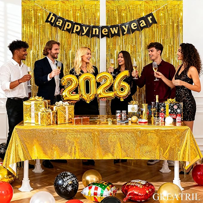 GREATRIL Gold Party Table Covers Disposable Tablecloth for Birthdays Party/2026 NYE/Graduations/Ceremony Decorations Rectangle Tablecover 54'' x 108'' - 2 Packs