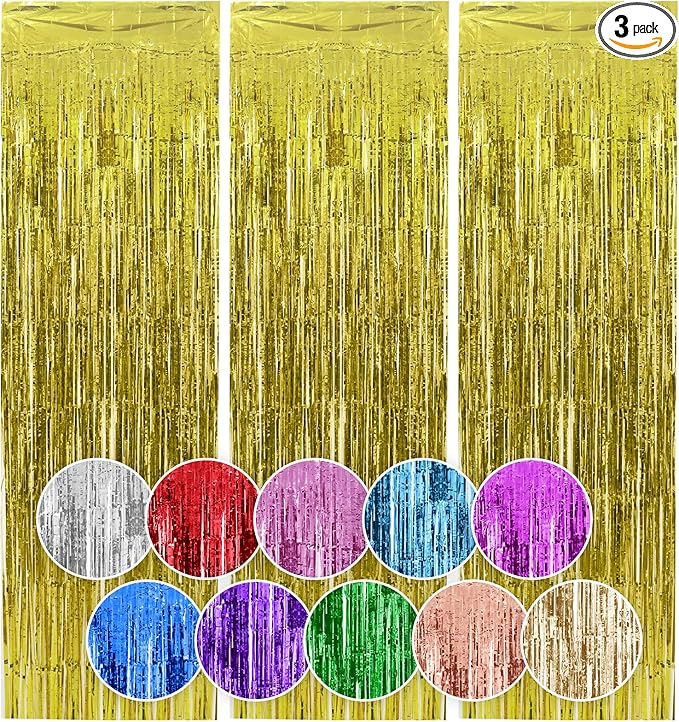 Homiest 3 Pack Gold Tinsel Backdrop, 3.3x6.6 FT Metallic Tinsel Foil Fringe Curtains Party Decorations, Birthday Door Streamers for Baby Shower Wedding, Photo Booth Props Background Wall Decor
