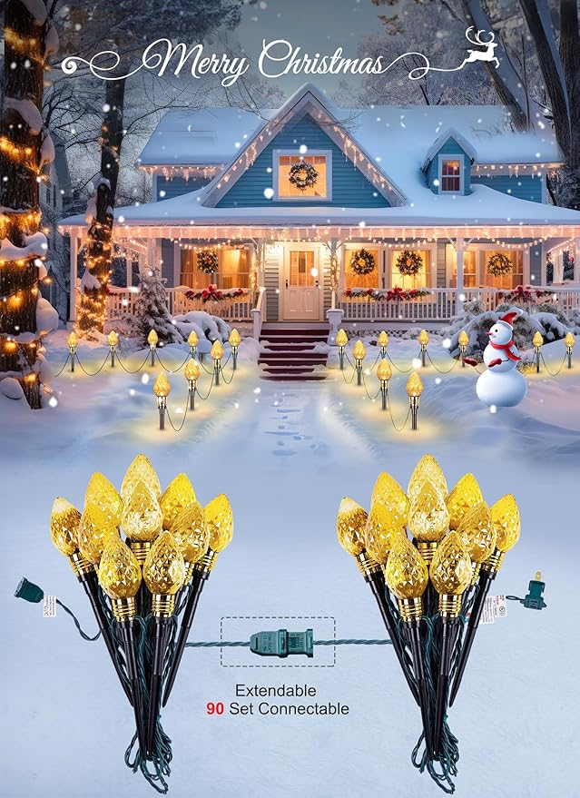 Brightown 2 Pack Strawberry C9 Christmas Pathway Lights Outdoor - Total 34.8 FT 20 LED Christmas Walkway Light, Connectable C9 Pathway Light, Christmas Decorations for Outdoor Yard Lawn, Warm White