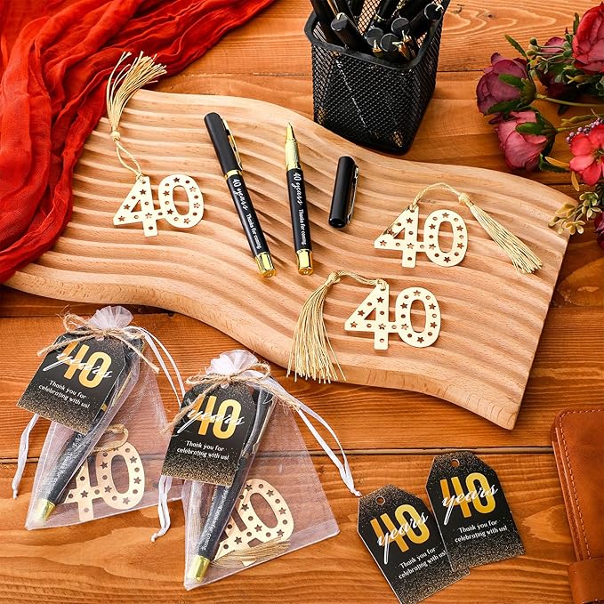 Spakon 25 Set 40th Birthday Party Favor for Guest Anniversary Party Favor Golden Birthday Bookmark Thanks for Coming Pen with Tag Appreciation Gifts for Women Men Wedding New Year
