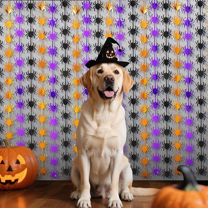 Halloween Party Decorations,2 Pack Orange Purple Black Spider Metallic Foil Fringe Curtains, 3.3 X 6.6 Ft Photo Booth Props Streamers Backdrop for Halloween Party Supplies Haunted House Decor