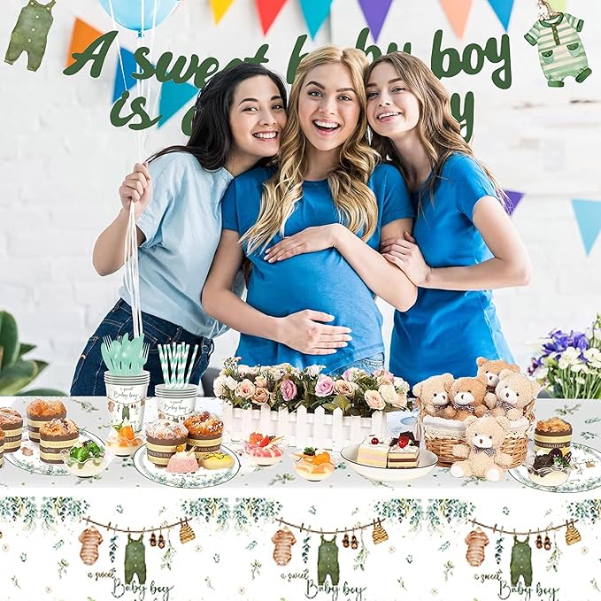 Baby Boy Shower Party Decorations – 194 PCS A Sweet Boy Is On His Way Party Supplies for 24 Guests, Includes Plates, Cups, Napkins, Cutlery, Banner & Tablecloth