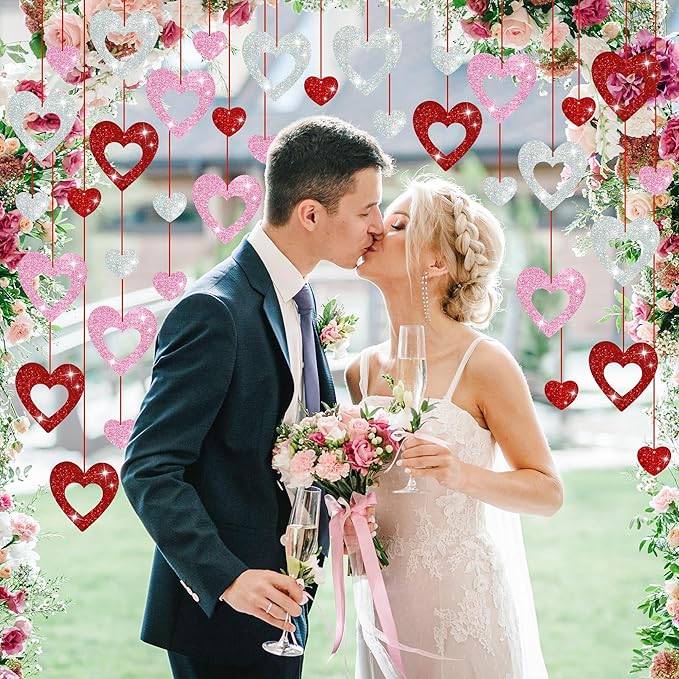 36 Pcs Valentine's Day Decorations Glitter Heart Hanging Swirls - No DIY Red Pink Silver Heart Hanging Decorations Party Decoration Swirls Ornaments for Valentines Day Party Supplies Decorations