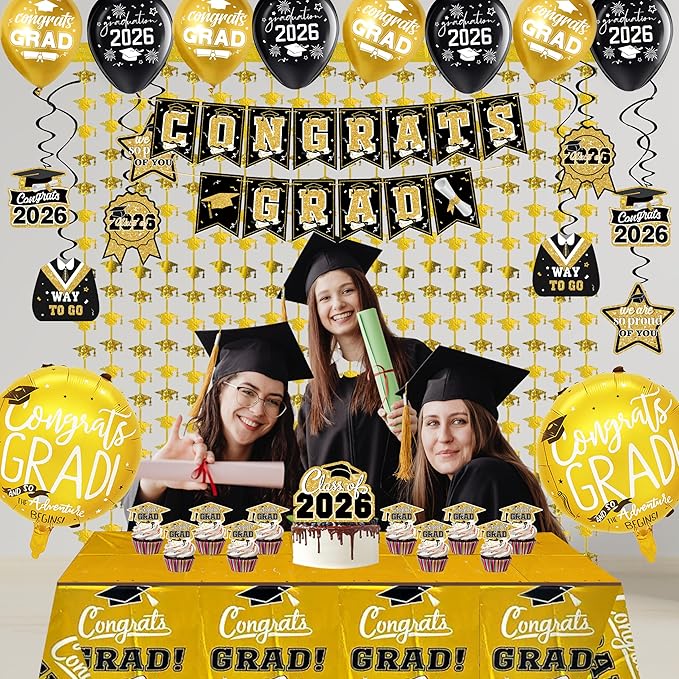 Class of 2026 Graduation Decorations Black and Gold Party Supplies Kit, Include Congrats Grad Banner, Foil Fringe Curtain,Tablecloth,Balloon Arch, Hanging Swirls for High School College