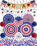 33 Pcs 4th/Fourth of July Memorial Day Decorations, Patriotic Decorations Outdoor Indoor Office USA Banner Red White Blue Star Streamer Hanging Swirls Veterans Day Decor for Independence Day