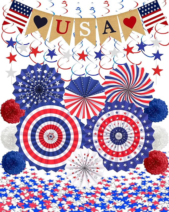 33 Pcs 4th/Fourth of July Memorial Day Decorations, Patriotic Decorations Outdoor Indoor Office USA Banner Red White Blue Star Streamer Hanging Swirls Veterans Day Decor for Independence Day