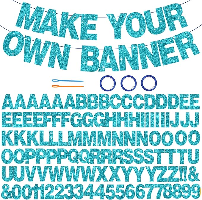 BEISHIDA 116 PCS A-Z DIY Letter Banner Kit Make Your Own Banner Glitter Lake Blue Including 111 Letters and Numbers 3 Rope and 2 Threading Device,Customized for Birthday Graduation Wedding Party Decor