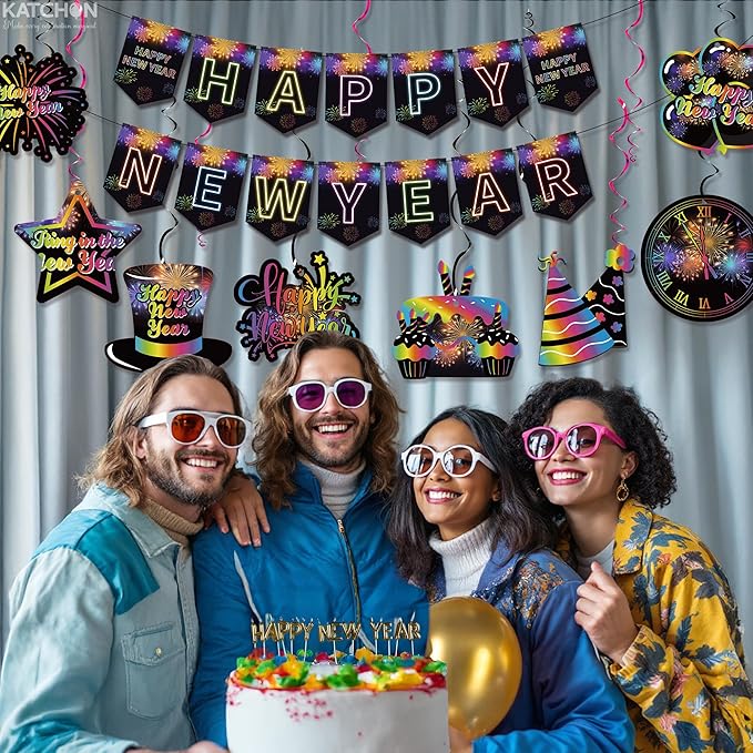 KatchOn, Happy New Year Banner and Swirls - No DIY, 10 Feet | Happy New Year Hanging Swirls for New Years Eve Party Supplies | New Years Decorations 2026 | Ceiling Decor for Nye Decorations 2026