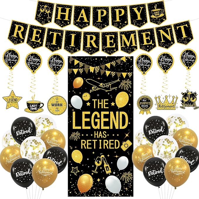 Roetyce Retirement Party Decorations for Men Women, Black Gold Happy Retirement Banner Balloons Hanging Swirls Kit, Lengend Has Retired Backdrop for Coworker, Office Retired Party Supplies