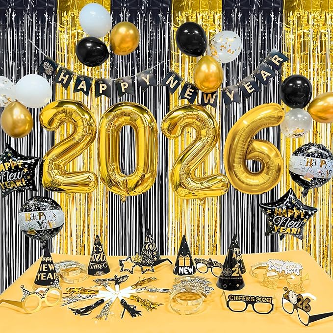 81 Pcs New Years Eve Party Supplies Happy New Year Decorations Kit Serves 12 Includes 36" Large 2026 Foil Ballons, Black Gold Curtains Banner Hats Headbands Glasses Noisemaker Balloons Party Favor