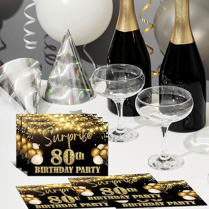 YSTEP 80th Birthday Party Invitations, 20 Black Gold Invite Cards with Envelopes, 4"x6" Foil Balloon Birthday Invites - B15