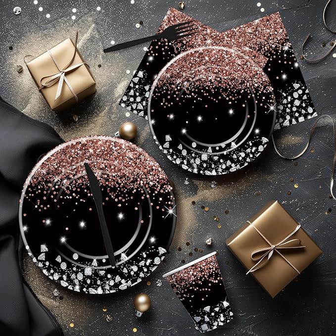 Xigejob Rose Gold And Black Party Decorations Tableware - Glitter Diamond Theme Rose Gold Party Supplies for Wedding Bridal Shower Birthday, Paper Plate, Cup, Napkin, Cutlery | Serves 24